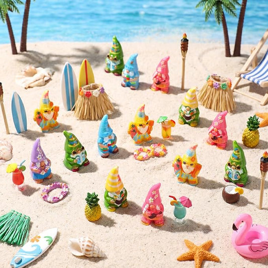 Yaomiao 60 Pcs Mini Hawaii Gnome Figurines Summer Tiny Resin Statues Starfish Plumeria Gnomes Figures Resin Gnome Decorations for Beach Hawaiian Party Favor Gift Tiered Tray Decor