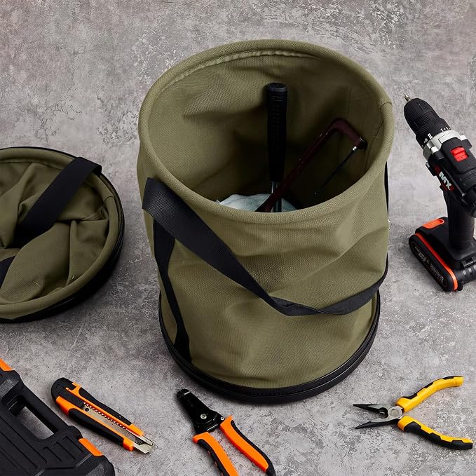 2 Pack Canvas Bucket 15" x 12" Heavy Duty Lineman Tool Bag with Plastic Bottom & Metal Hook Electrician Tool Organizer for Jobsite Use, Load Rated up to 150 Pounds (Army Green)