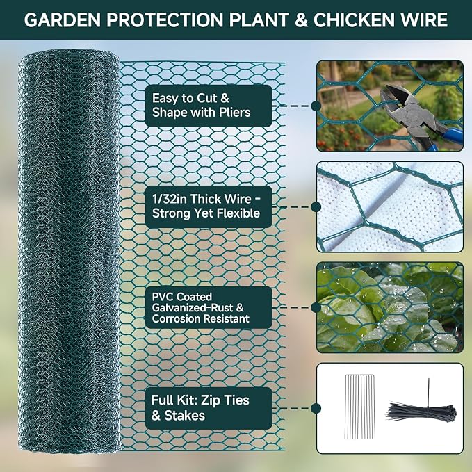 16In x 49.2Ft Plant Protectors from Animals, Wire Plant Cages for Outdoor Plants Chicken Wire Garden Protection from Animals Plant Fence Protectors to Keep Animals Out with Ground Stakes & Nylon Ties