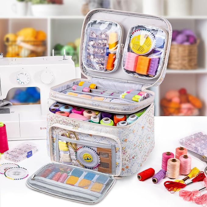 AMOIGEE Double-Layer Sewing Organizer Storage Bag with 2 Detachable Pouches, Large Quilted Sewing Basket for Supplies & Tools, Portable Travel Sewing Kit Case, Gift for Mom(BAG ONLY)