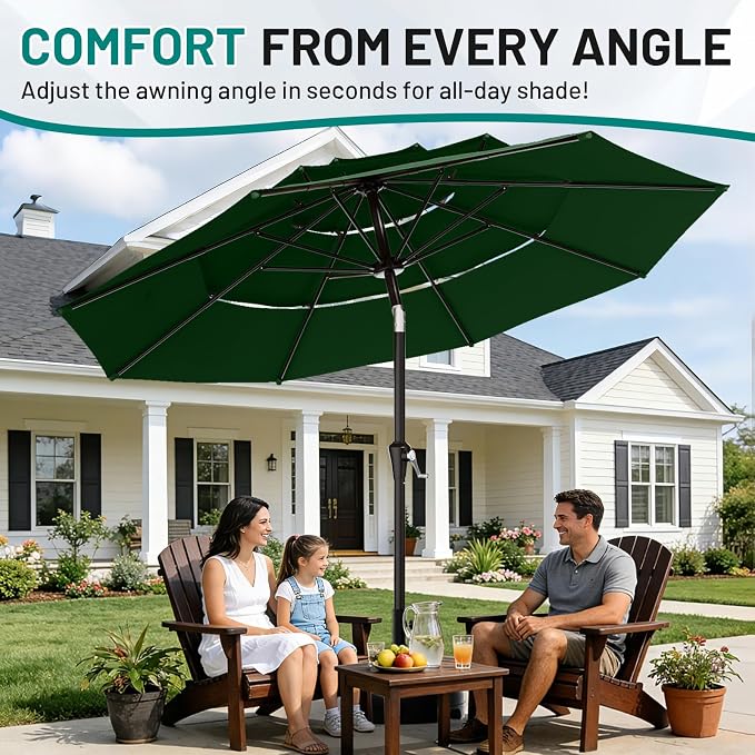 AreShark 9ft 3-Tier Patio Umbrellas, Outdoor Umbrella with 8 Sturdy Ribs UV Protection Windproof, Market Table Umbrella w/Push Button Tilt & Crank for Pool, Porch, Deck, Garden(Dark Green)