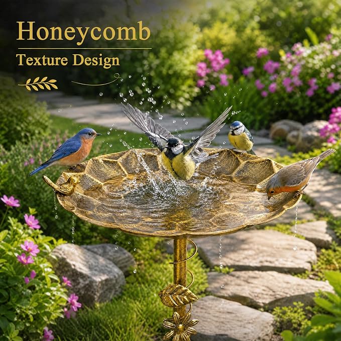 VECELO Antique Gold Metal Bird Bath for Outside, 28.7" Freestanding Pedestal Birdbath with Vintage Butterfly & Bird Decor, 15.4" Bowl Diameter, Easy Assembly Heavy-Duty Iron Garden Decoration