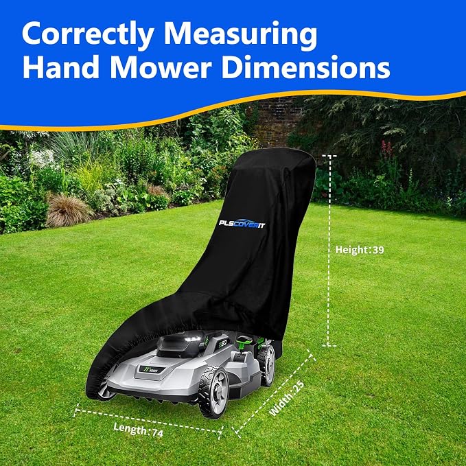 Push Lawn Mower Cover, Waterproof Tractor Cover, Heavy Duty 600D Oxford Fabric With Drawstring&Storage Bag UV Resistant Protector Covers Against Dust,Dirt,Wind for Lawn Mower 74×25×39”