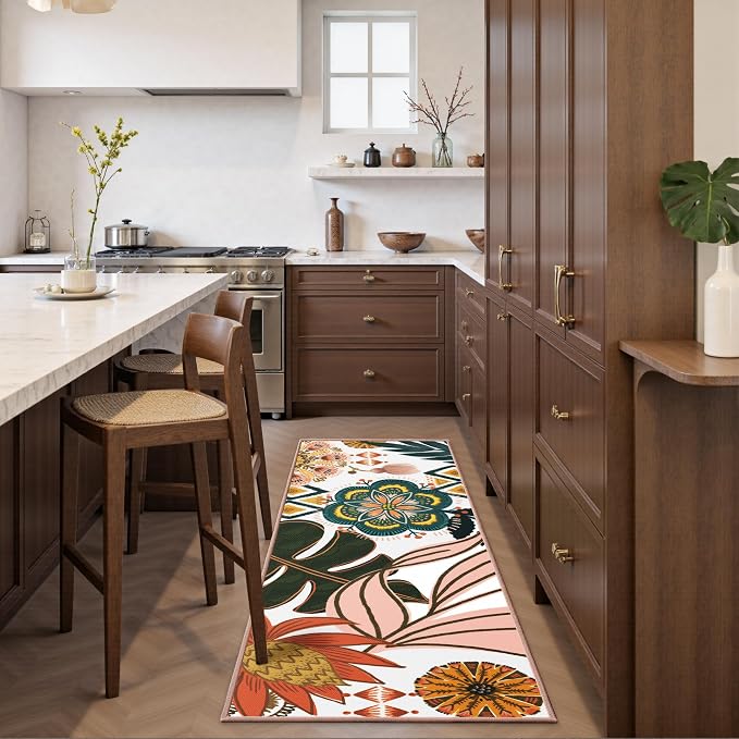 Tyrot Boho Floral 2x6 Washable Kitchen & Hallway Runner Rug Ultra-Thin Flat Woven Low Pile Botanical Runner Rug Non-Slip Indoor Runner for Entryway, Laundry, Bathroom and Bedroom, Blush Pink