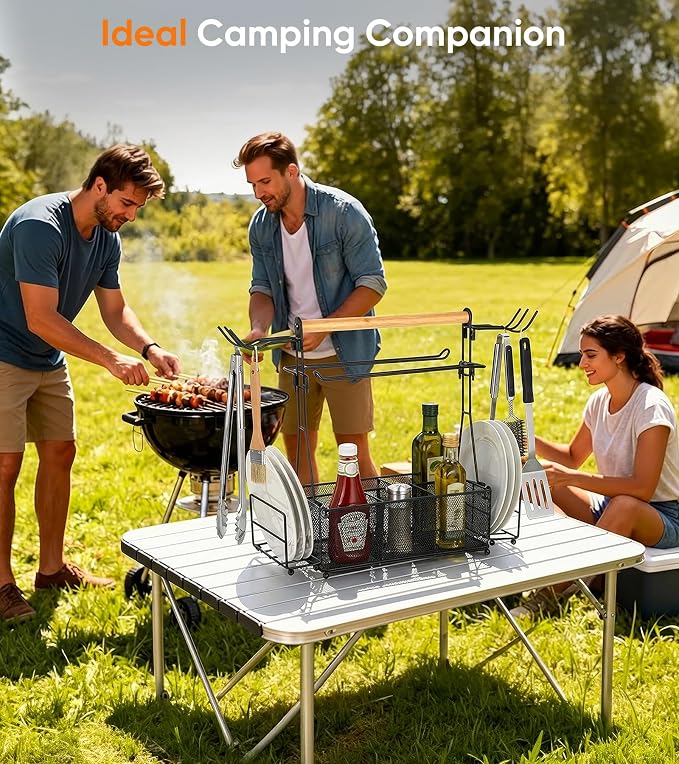 Grill Caddy Barbecue Tool Sets for Outdoor Grill, Picnic BBQ Caddy Picnic Utensil Condiment Organizer, BBQ Accessories Camping Gifts with Paper Towel Holders, Compartments & Hooks
