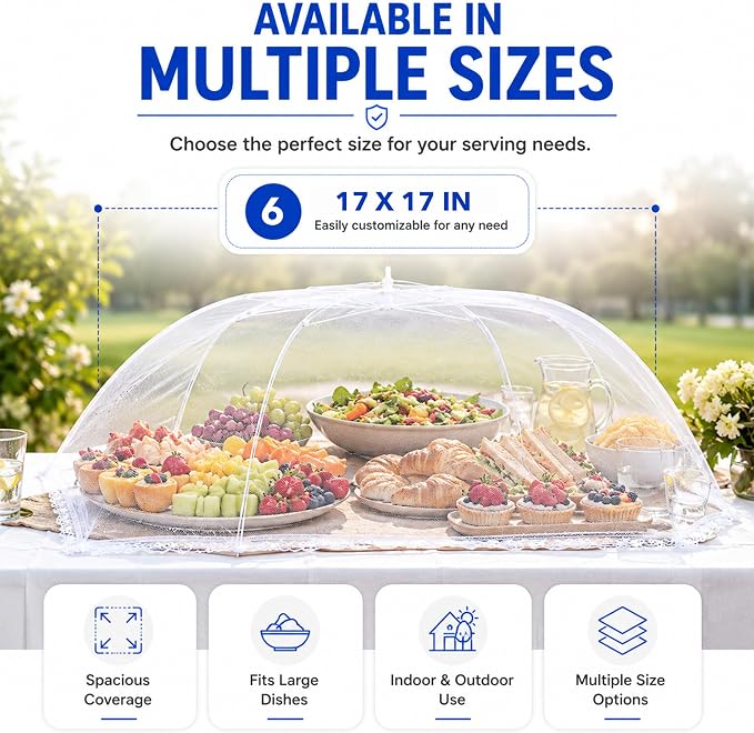 Simply Genius Pop-Up Mesh Food Covers - 17 x 17 in, White, 6 Pack, Large & Tall - Reusable & Collapsible Food Tents for Outdoor Serving