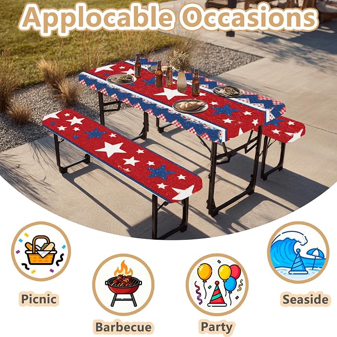 Picnic Table Cover with Bench Covers Elastic Edges, Outdoor Patio Camping Essentials 72 Inch 3PCS, Waterproof Camping Fitted Tablecloth with Handbags (Red White Blue Star Stripe)