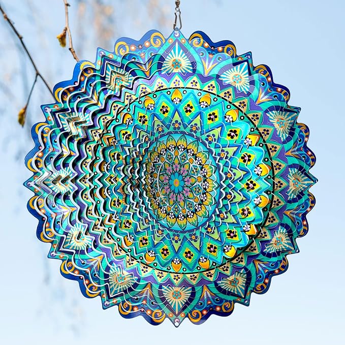 Wind Spinner Mandala Peacock Blue Ocean,12Inch Stainless Steel Wind Spinners Outdoor,Gifts for Women,Mother,Men,Father,Holidays,3D Kinetic Yard Art Decorations,Christmas Garden Decor