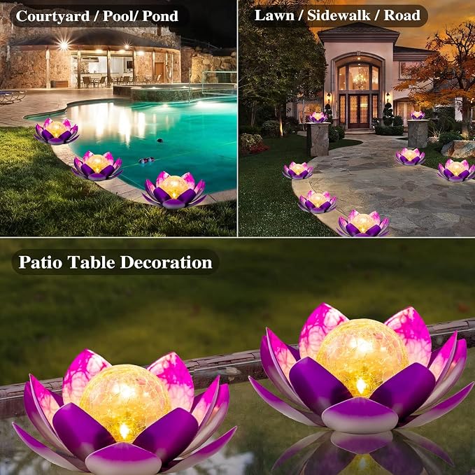AIINY Solar Light Outdoor Decor Art Crackle Globe Glass Lotus Decoration, Solar LED Waterproof Purple Metal Flower Lights for Patio,Lawn,Walkway,Tabletop(2Pack)