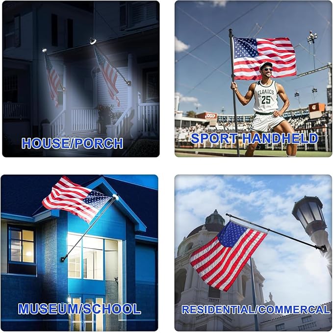 ZMTECH 6FT Flag Pole Kit with Solar Light and Embroidered American Flag, Adjustable Bracket and Upgraded Tangle-Free Ring 1" Stainless Steel Flagpole for Day and Night, Residential, Commercial, Black