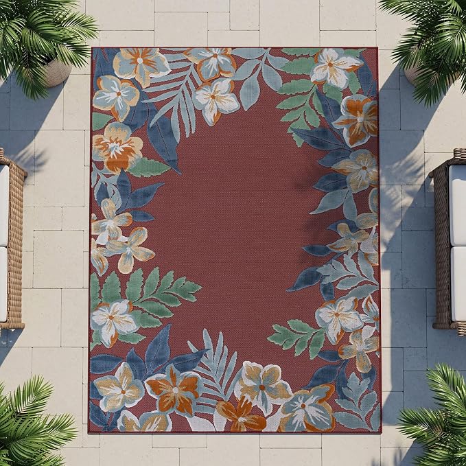 Outdoor Rug 9x12 Washable Area Rugs Indoor Outdoor Carpets Red Border Floral Non Shedding Waterproof Easy Clean Patio Deck Porch Living Room Bedroom Garden RV (9 X 12 Red)