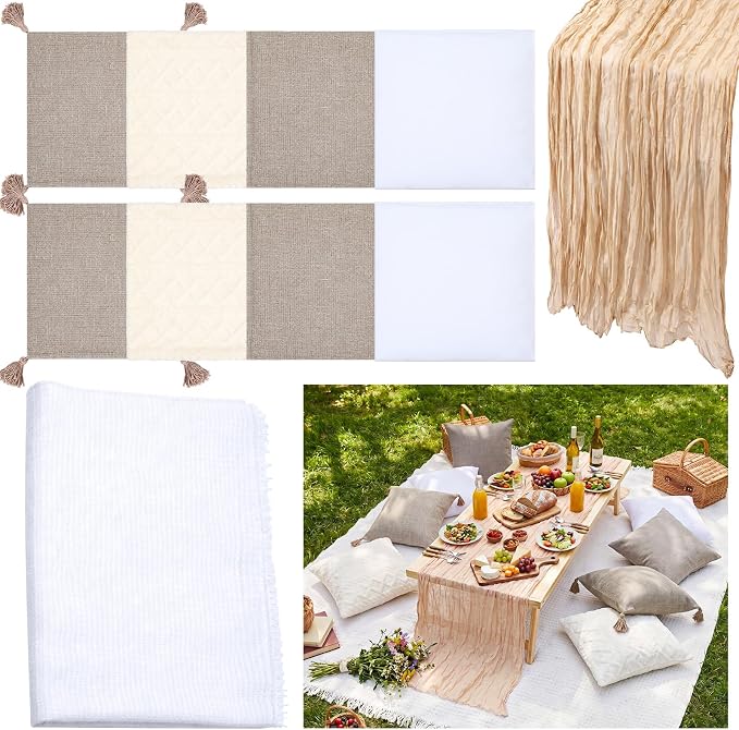 Yuntau Large Outdoor Boho Picnic Blanket with Table Runner 8 Pink White Red Pillows Covers No Pillow Summer Picnic Decor for Camp Birthday Party Bridal Shower Outdoor Backyard Garden(Khaki)