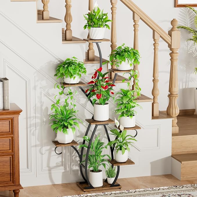 EVAWOO Plant Stand Indoor with Grow Lights - 58" Tall Plant Shelf Indoor, 8 Tiered Corner Lighted Plant Stand for Indoor Multiple Plants, Metal Flower Stands Display Rack for House, Patio, Black