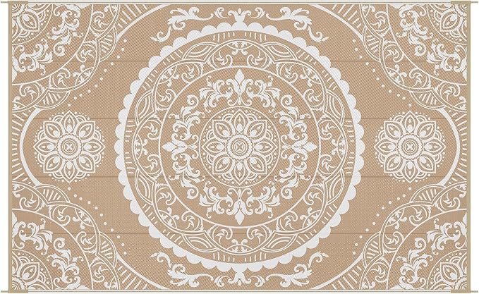 Pauwer Waterproof Outdoor Rug 5x8, Reversible Plastic Straw Patio Camping Rug, Indoor Outdoor RV Mat Carpet for Deck, Camper, Porch, Balcony, Backyard, Picnic, Paisley Brown