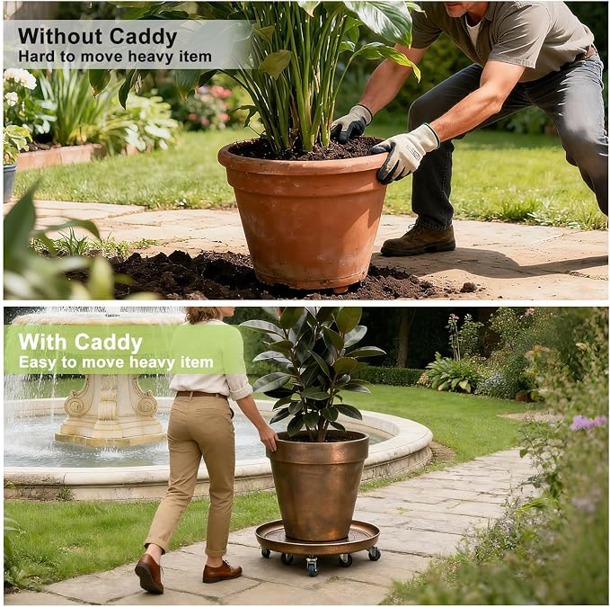 1 Pack 23 Inch Metal Plant Caddy With Lockable Wheels,Plant Stand Dolly for Heavy Planter,Wheeled Planter Saucer Tray,Rolling plant stand,Heavy-Duty Plant Caddy for Indoor and Outdoor(Copper)