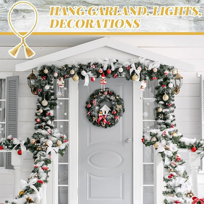 Dingion 20 Pcs Christmas Garland Decorative Banister Ties with Tassel 25.2 Inches Christmas Reusable Twist Ties for Garland Fireplace Staircase Banister Home Xmas Holiday Decorations(Gold)