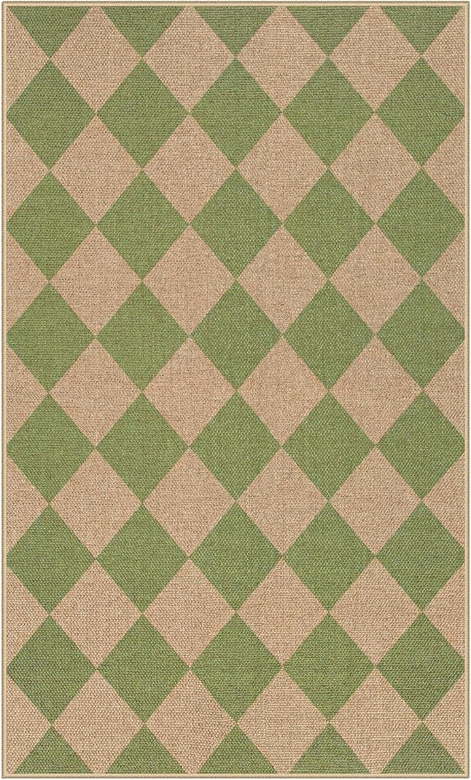 Lahome Colette Green Checkered Easy Jute Rug, 3x5 Washable Outdoor Rug Neutral Rug for Entryway, Checkerboard Non Slip Non Shedding Floor Carpet for Living Room Front Door Porch