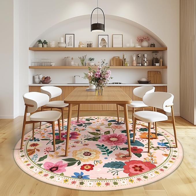 RELEANY Floral Washable Round 6ft Area Rug Pink | Flower Carpet, Print, Boho, Non-Slip, Easy to Clean, Soft, Low Pile for Living Room Bedroom Kitchen Office Entryway Hallway