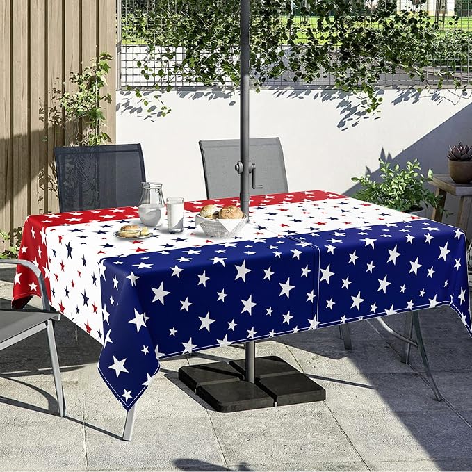 Outdoor Tablecloth with Umbrella Hole and Zipper, Rectangle Patio Table Covers for Spring/Summer, Machine Washable Outdoor Picnic Table Cloth (Star Stripes, 60" × 84" Rectangular)