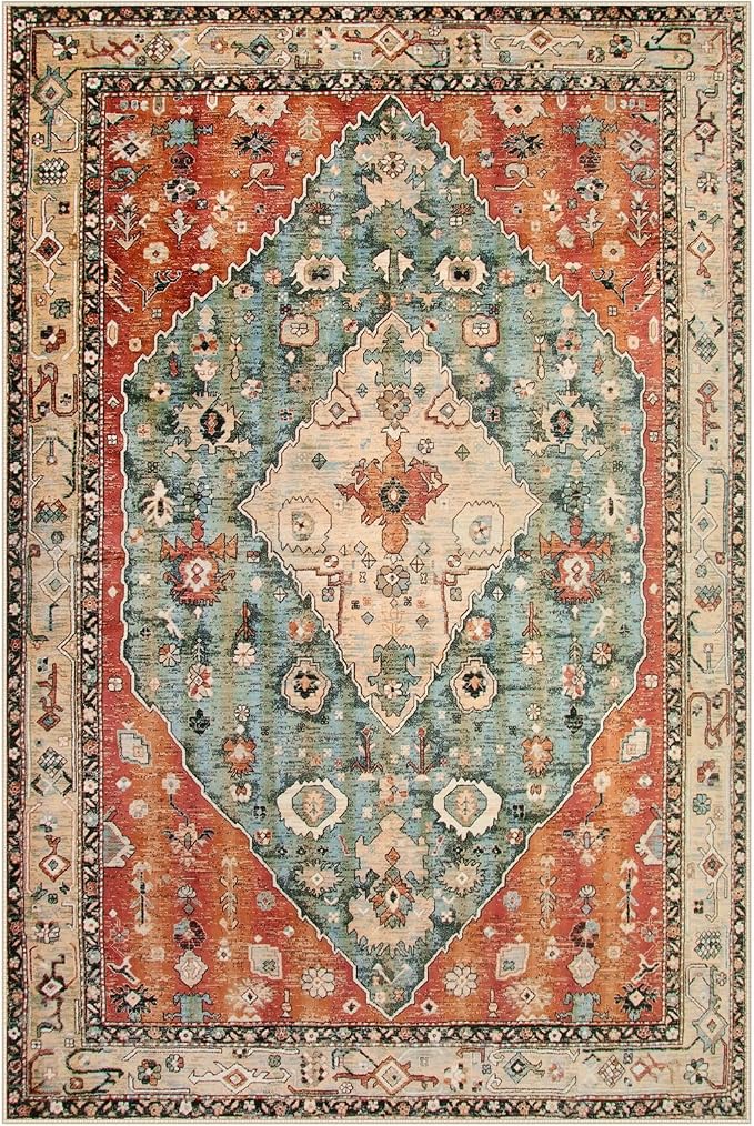 Lahome Felice Boho Tribal 5x7 Washable Living Room Bedroom Rug, Oriental Soft Dining Room Rugs for Under Table, Large Distressed Printed Carpet for Entryway Kitchen Playroom (Rust/Dull Teal,5x7ft)