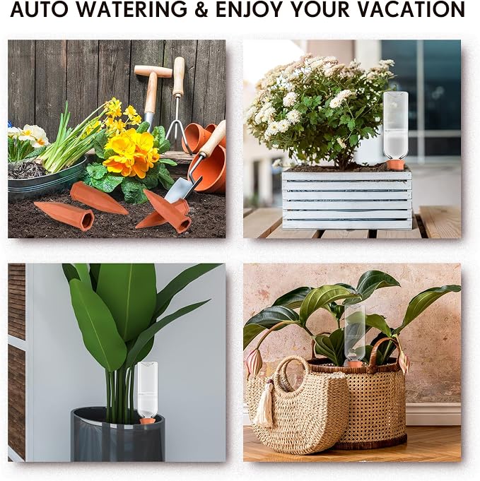 Ziliny 6 Sets Plant Watering Devices 6 Pcs Self Watering Spikes 6 Pcs 25 oz Plastic Bottles Slow Release Automatic Waterer Empty Liquor Bottles Terracotta Spikes for Vacation Plant (Ceramic Color)