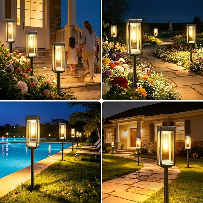 4 Pack Tall Solar Pathway Lights Outdoor, Bright Solar Powered Garden Lights Waterproof, Auto On/Off, Up to 15Hrs Outdoor Light for Path Yard Walkway Driveway Patio Lawn Decor Landscape
