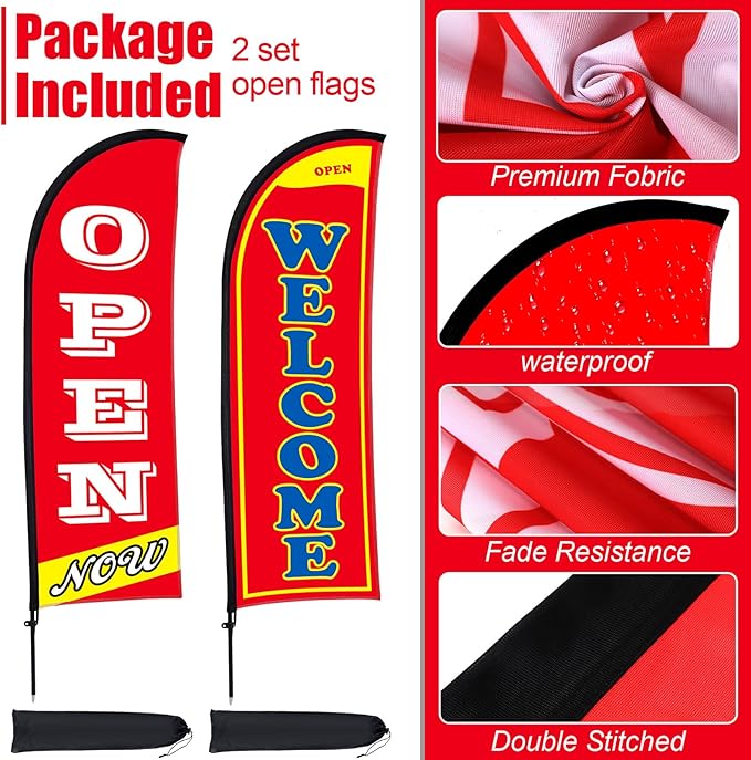 Buryeah 2 Sets Now Open Flag Banner for Business Advertising 7 ft Feather Flag Sign with Flagpole Ground Stake Portable Bag(Red)