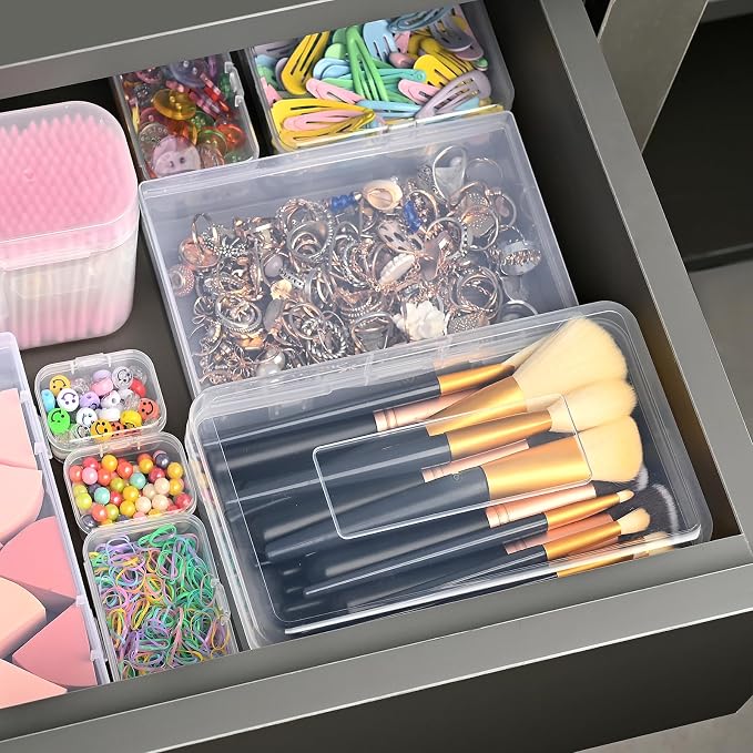 28 Pack Mixed Sizes Rectangular Mini Plastic Containers Clear Plastic Storage Boxes with Hinged Lids and Labels Empty Beads Organizers for Small Items Art Craft Jewelry Projects