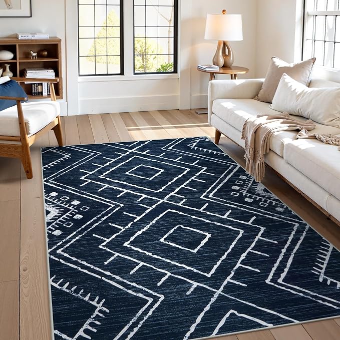 LIVEBOX Western 5x7 Area Rug, Navy Washable Rugs for Living Room Bedroom, Non Slip Moroccan Tribal Rug Low Pile Soft Geometric Boho Large Area Rugs Diamond Carpet for Dining Room Home Office Decor
