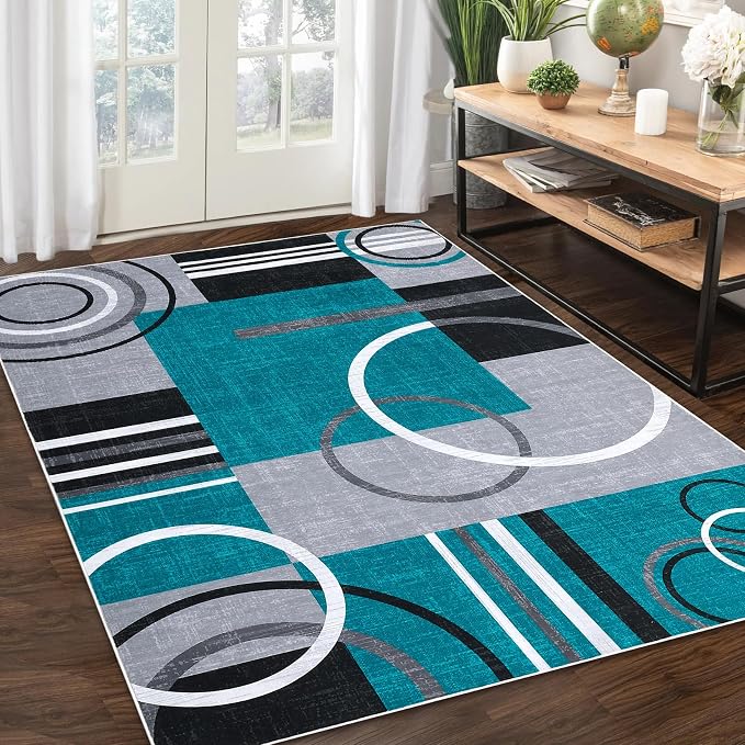 RUGSREAL 9x12 Washable Rugs Abstract Circles Rug Low Pile Throw Carpet | Contemporary Modern Area Rugs Stain Resistant Accent Rug for Bedroom Living Room
