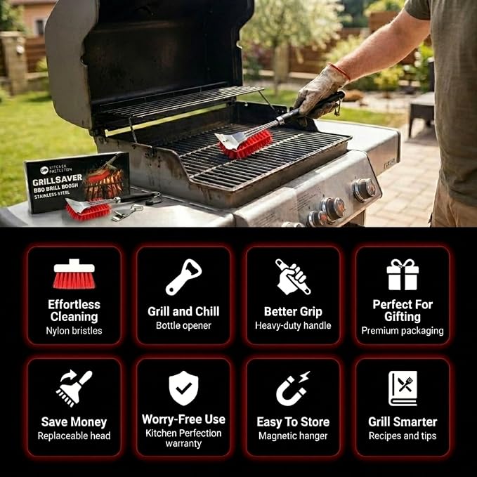 Kitchen Perfection Nylon BBQ Grill Cleaning Brush and Scraper -GrillSaver | Safe Nylon Wire Bristles for Porcelain & Ceramic Grates, Replaceable Head, Magnetic Hanger, Bottle Opener & 3 Ebooks