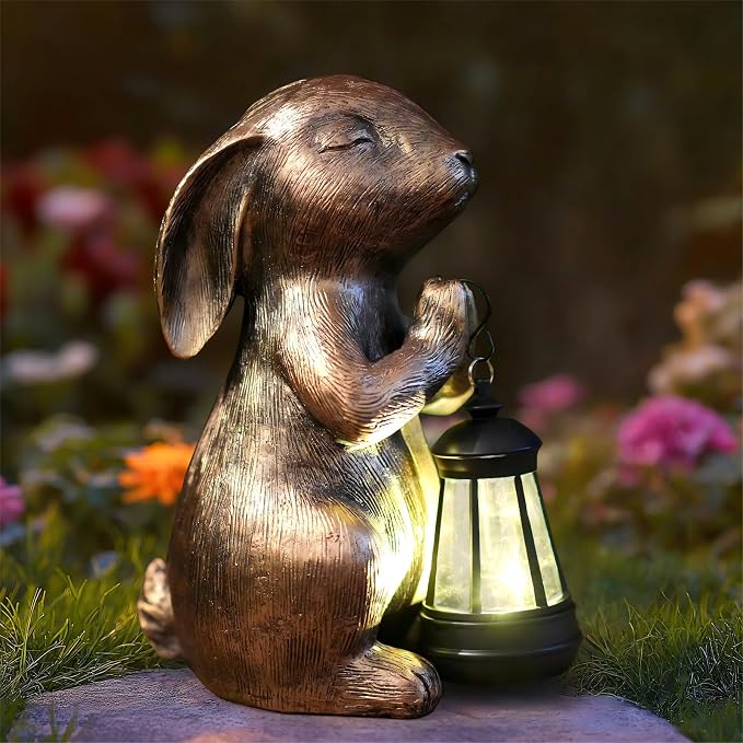 Solar Garden Statue Rabbit Outdoor Decor, Bunny Figurines with Solar Lantern, Yard Decorations for Patio Balcony Yard Lawn Ornaments - Unique Birthday Easter Housewarming Gifts for Women, Mom, Grandma
