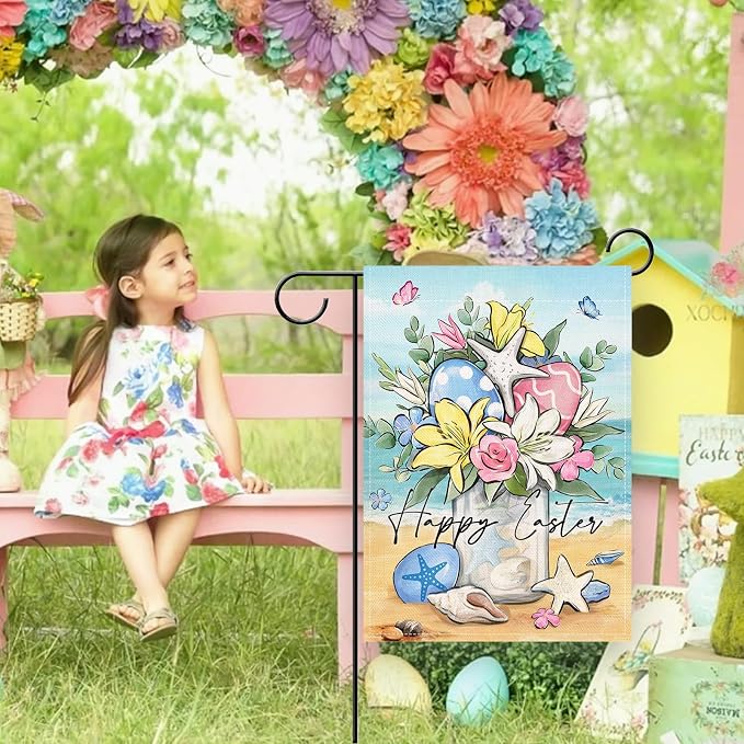Artofy Happy Easter Beach Mason Jar Small Decorative Garden Flag, Coastal Lily Flower Easter Eggs Yard Lawn Outside Decor, Spring Nautical Starfish Burlap Outdoor Home Decoration Double Sided 12 x 18