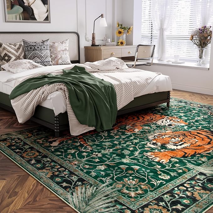 Moynesa Tiger Washable Rugs, 8x10 Area Rugs for Living Room, Soft Large Vintage 8x10 Bedroom Green Rug, Botanical Non Slip Ultra Thin Floor Carpet for Dining Room Home Office