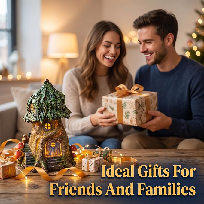 COWOS Solar Light Fairy Tree House, Fairy Garden House Statues, Tree House Figurines with Solar Light for Indoor Outdoor Art Decorations, Patio Yard Lawn Ornaments Gift