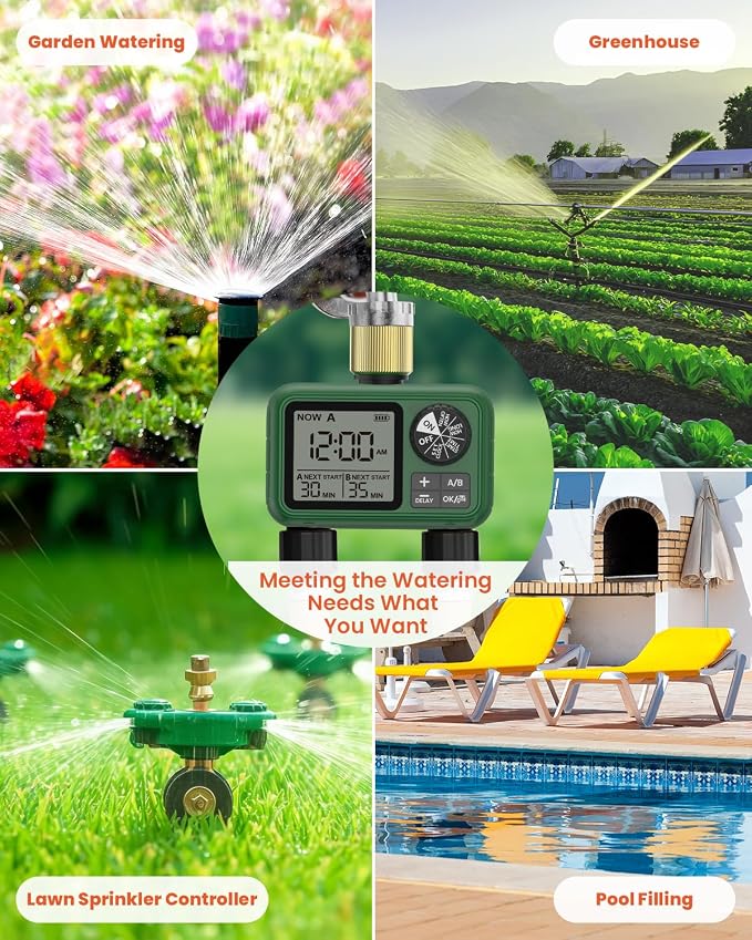 Water Timer for Outdoor Garden Hose, Sprinkler Timer for Garden Faucet with Auto/Manual/Rain Delay Mode, Sprinkler Irrigation Controller for Yard Lawn (2 Zones Brass Inlet & Outlet)