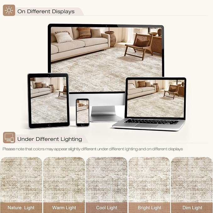 cotiled Boho 8x10 Area Rugs for Living Room: Large Moroccan Washable Rug | Solve Modern Neutral Trendy Home Decor - Stain Resistan Carpet for Bedroom Farmhouse Dining Room Beige Brown
