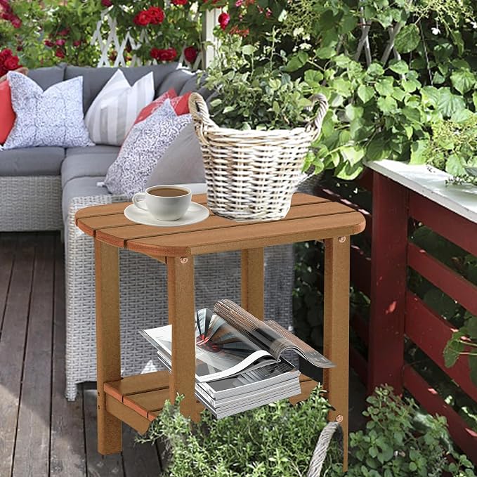 LZRS Adirondack Side Table - HDPE Outdoor Side Tables, Double Layer End Tables for Patio, Backyard,Pool, Indoor Companion, Easy Maintenance & Weather Resistant(Brown)