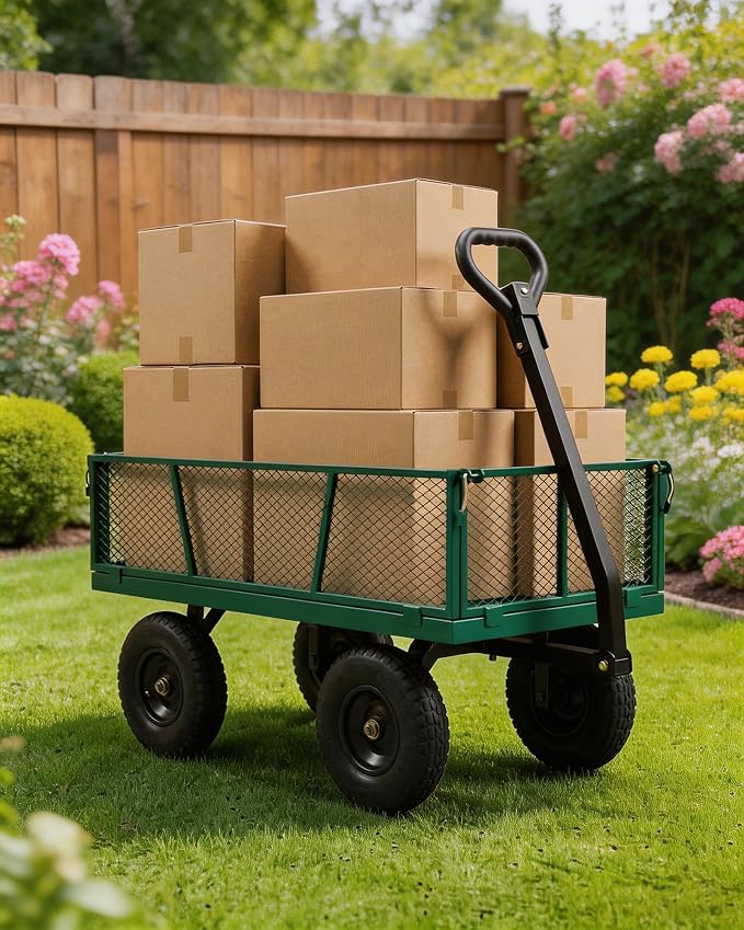 GarveeTech 1000LBS Heavy Duty Steel Garden Cart, Garden Wagon Cart on Wheels, Metal Yard Utility Wagon with Removable Mesh Sides, 13" All Terrain Tires, 180° Rotating Handle for Lawn, Garden, Farm