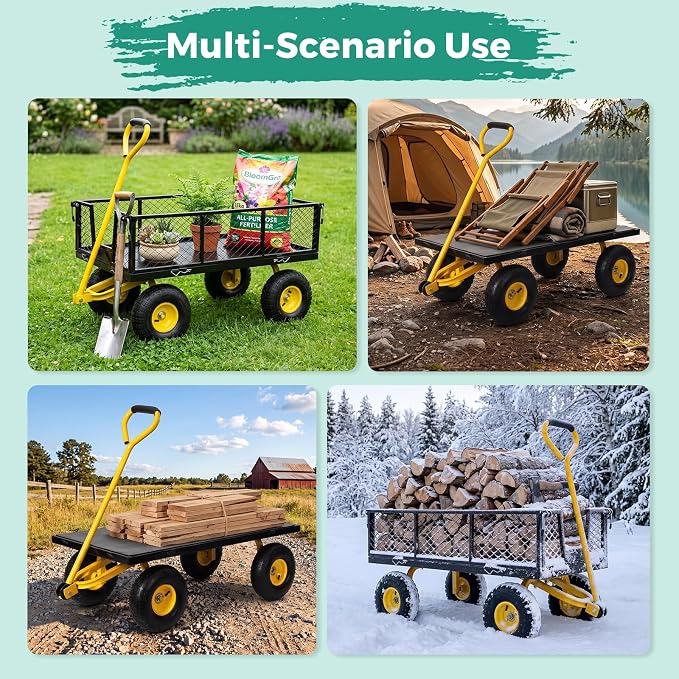 SUNNYFEEL Heavy Duty Garden Cart, 500 LBS Capacity Metal Mesh Utility Wagon with 10" Flat-Free Wheels, Removable Sides, 180 Adjustable Handle, All Terrain Yard Cart for Gardening, Firewood