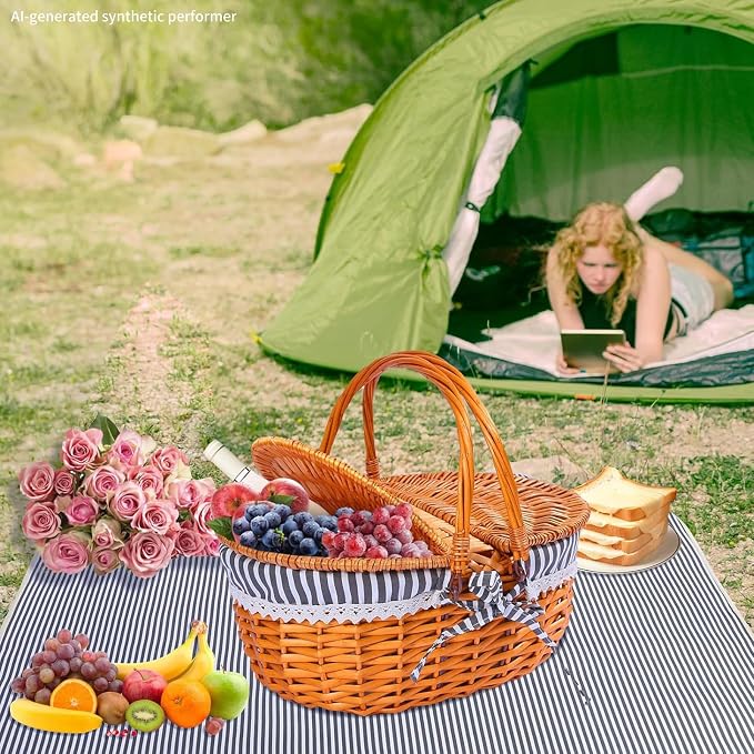 Wicker Picnic Basket with Handle, 15" Large Picnic Basket with Lid & Removable Liner, Vintage Hand Woven Basket with Blanket for Picnics, Camping, Thanksgiving, and Birthday