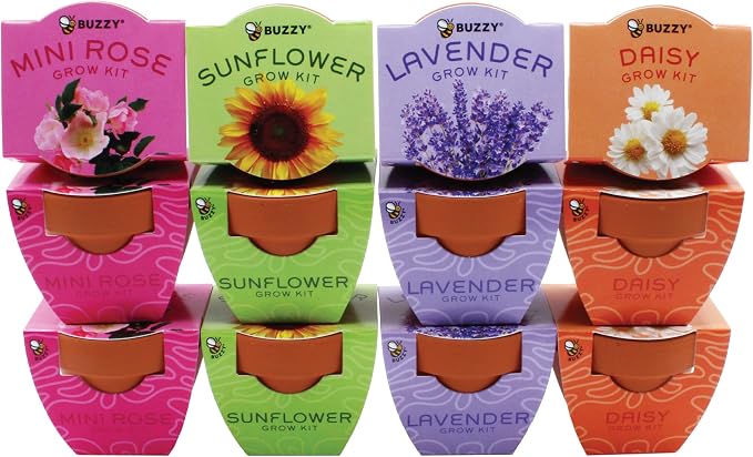 Buzzy Seeds Bright Series Grow Kit, Assorted 12-Pack - Mini Terracotta Pot Grow Set - Complete Indoor/Outdoor Gardening Kit with Seeds, Coconut Husk Growing Medium & Genuine Pots - 100% Grow Guarantee