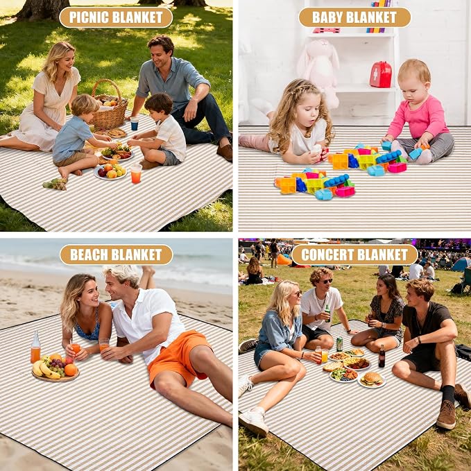 G GOOD GAIN Waterproof Picnic Blanket, 79"x79" Extra Large Beach Mat for 6 to 8 Adults, Machine Washable Outdoor Blanket for Camping, Grass, Park, Camping, Concerts, MiddleSand