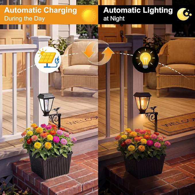 btfarm 2 Pack 18.5" H Small Solar Lamp Post with Planter Dual-Sided Lighting, 2 in 1 Flower Pots Wall Mount/Freestanding, Waterproof Decorative Planter Lamp for Porch Garden Front Door, Warm White