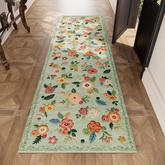 Machine Washable Rug Runners for Hallway: 2'6"x8' Kitchen Runner Rug with Rubber Backing Non Slip Low Pile Soft Faux Wool Non Shedding Lightweight Floral Floor Carpet Rugs for Entryway Bedroom Laundry