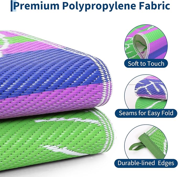Garvee 5x8 Plastic Straw Outdoor Waterproof Rug, Floral Reversible Patio Rug, Portable Camping Mat for RV, Picnic, Beach, Balcony, Garden and Camping Lightweight&Easy to Carry, Green