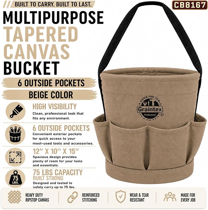Graintex Tapered Canvas Bucket 12"x10"x15", Utility Tool Bucket 6 Pockets Outside, Reinforced Base & Carry Handle, Ripstop Canvas, Multi-Purpose Bag for Jobsite & Home Use - Beige