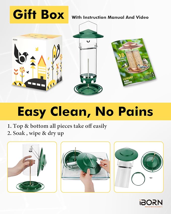 iBorn Metal Bird Feeders for Outdoors Hanging,Wild Bird Feeders for Cardinal,18cm Large Roof &Tray New Green 6 Port (Seed is not Included)