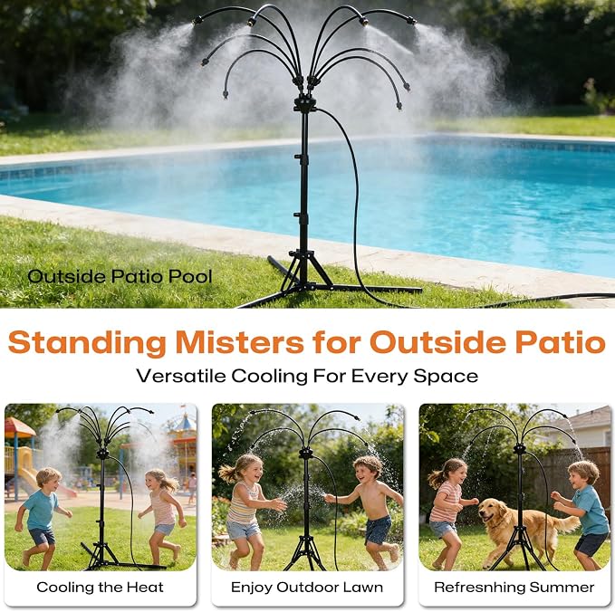 Upgraded Standing Misters for Outside Patio, Adjustable 5.3 FT Stand Misting System with 8 Heavy Duty Brass Nozzles, UV-Proof Water Mister for Outdoor Cooling, Poolside & Backyard