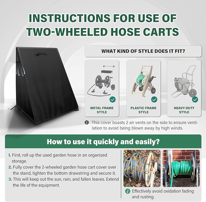 2-Wheels Garden Hose Reel Cart Cover – Weather-Resistant Protective Cover for Outdoor Hose Reels & Carts, Protects Against Sunlight, Rain, Snow, Sandstorms – Black